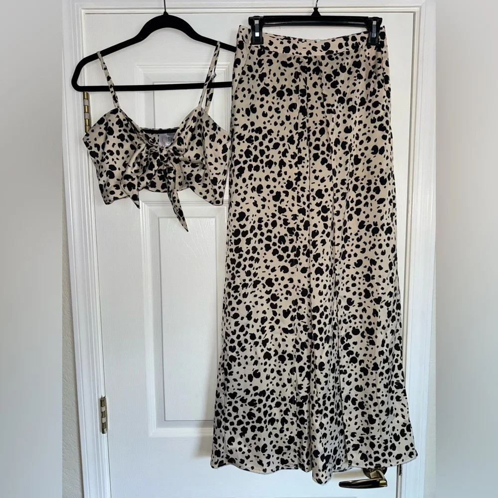 BEACH BUNNY SET Leopard Print Ramsey Slit Leg Wide Pant + Eastyn Tie Tank Top SM - Picture 2 of 16